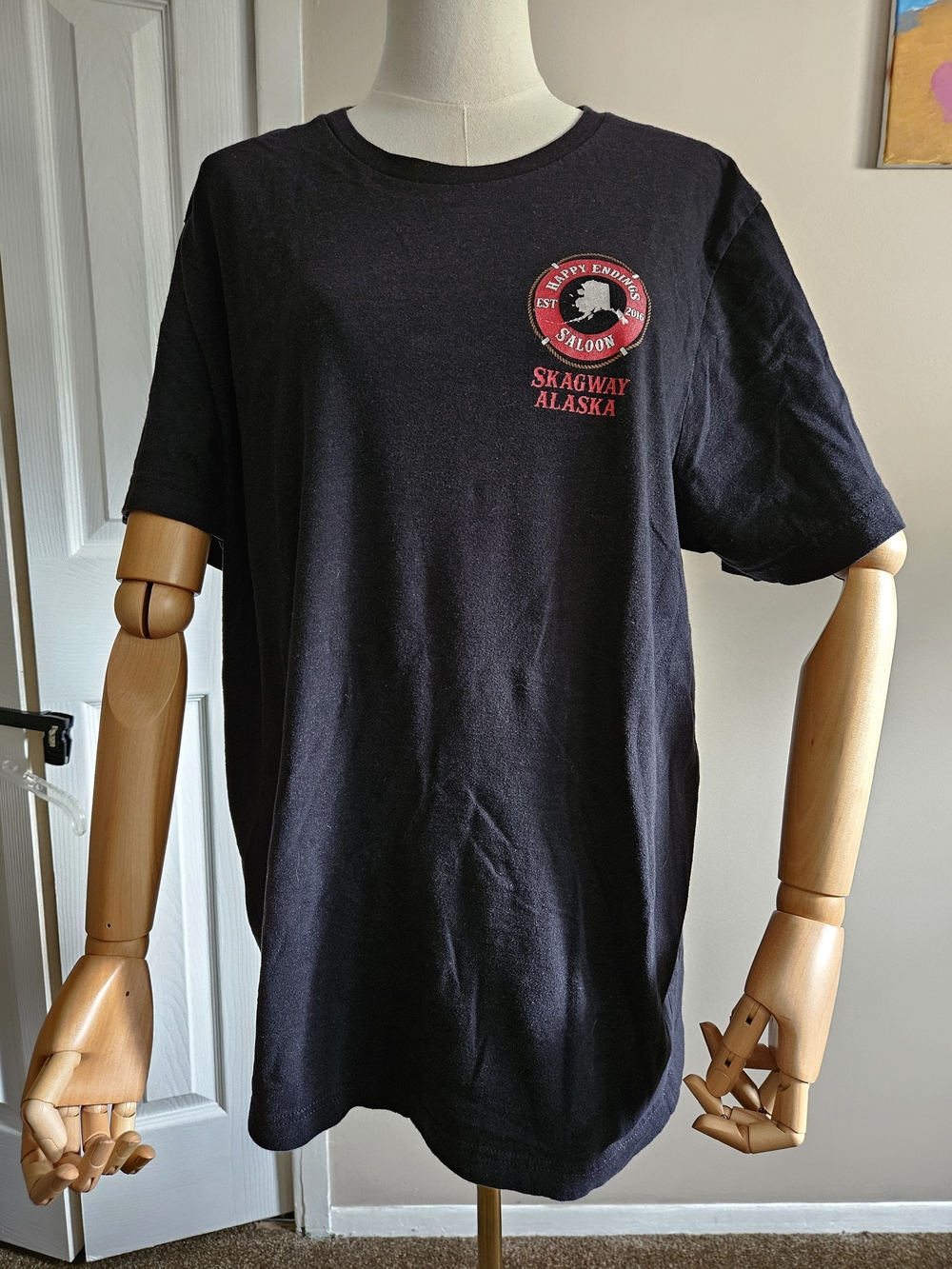 Bella Canvas Black T-Shirt with Red Skagway Alaska Logo. Size XL